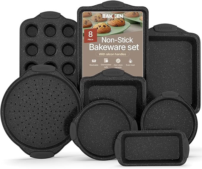 BAKKEN 8-Piece Kitchen Oven Baking Pans Set - Deluxe Nonstick Gray Marble Coating, Professional Grade Carbon Steel Bakeware with Silicone Handles - Oven, Dishwasher, and Freezer Safe