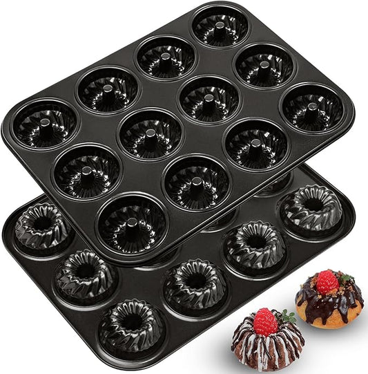 Webake 2 Pack Mini Fluted Tube Cake Pan, Non-Stick 2.8 Inch Cake Pans, Heavy Gauge Carbon Steel 12-Cavity