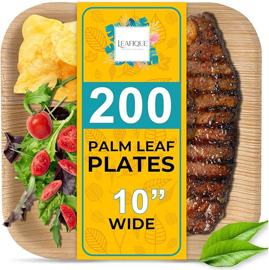 100% Natural 10” Palm Leaf Square Plate (200 Pack), Compostable & Biodegradable Dinnerware for Catering, Birthdays, Halloween, BBQs, Thanksgiving, Alternative to Paper & Bamboo Plates Disposable