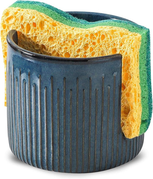 Ceramic Sponge Holder for Kitchen Sink, Scrub Sponge Dish Rack, Farmhouse Compact Sink Caddy Organizer, Glazed Blue