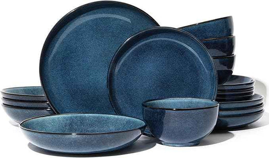 16 Piece Double Bowl Dinnerware Sets with Pasta Bowls, Highly Chip and Crack Resistant Plates and Bowls Sets, Natural Earthyware Ceramic Dishware Sets, Service for 4 Starry Blue
