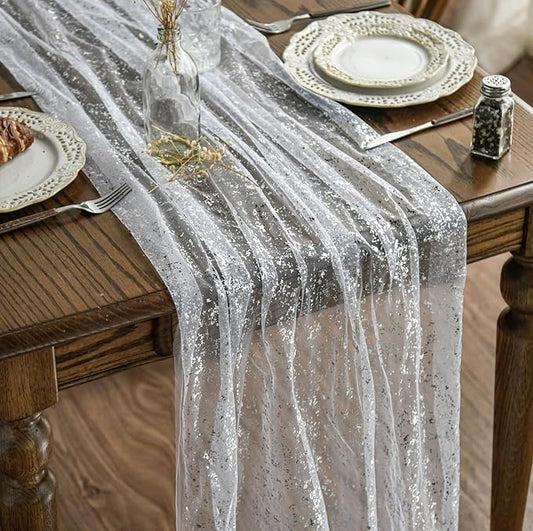Artoid Mode 3Pcs White Silver Gauze Table Runner 120 Inch 10FT, Glitter Metallic Foil Sheer Dining Wedding Anniversary Holiday Birthday Table Decor for Home Party