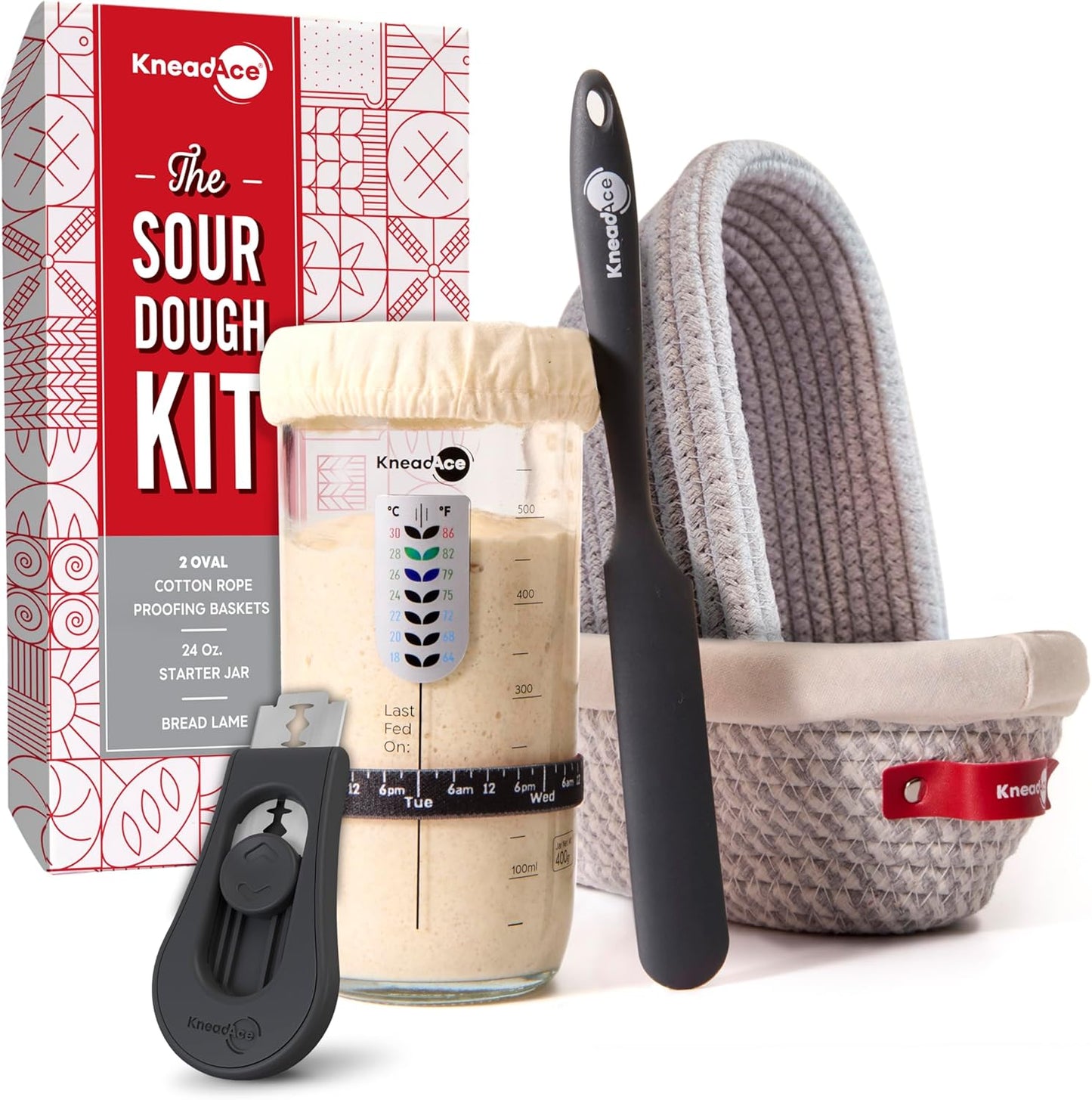KneadAce Sourdough Starter Kit (24oz Jar, 2xOval Baskets, Gray Bread Lame)