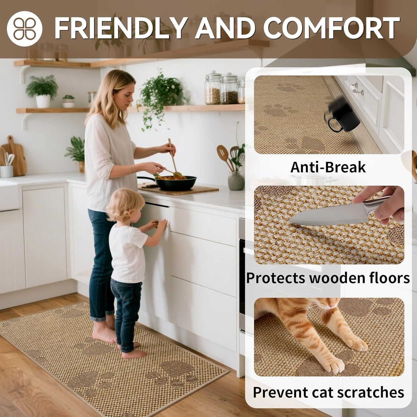 Kitchen Mats for Floor, Super Absorbent Kitchen Rugs Non Slip Washable, Rubber Backing Soft Woven Linen Embroidery Runner Rug, Standing Mat Kitchen Sink Mat, Easy to Clean, Brown 17x47