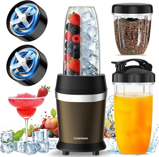 Colarlemo 12-Piece Smoothie Blender Maker 25,000 RPM Personal Blender for Ice Crushing Smoothies & Frozen Drinks Nuts with 23oz, 32oz, 37oz Portable Cups Two 6-Leaf Stainless Steel Blades, Coffee