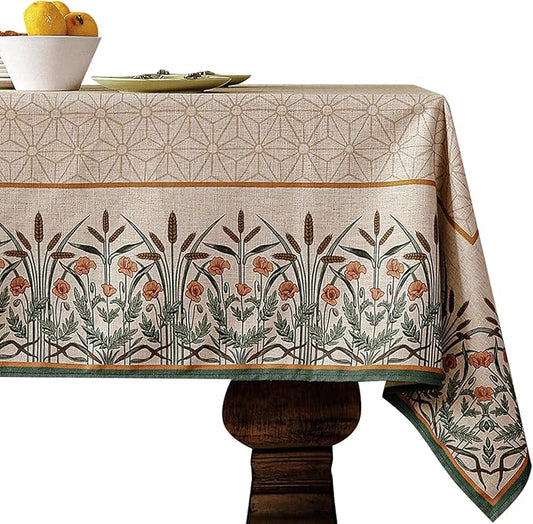 patdrea Designer French Light Brown Rectangular Table Cloth,Linen Floral Durable Breathable Extra Long Tablecloth,Decor for Kitchen Dining,Parties,Party,Christmas,Thanksgiving,63"x110"-Cudillero
