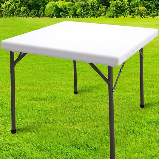 homing Square Table Cloth Cover, Waterproof Polyester Elastic Fitted Tablecloth, Washable Table Protector for Picnic, Camping, Outdoor (White, 34" x 34")