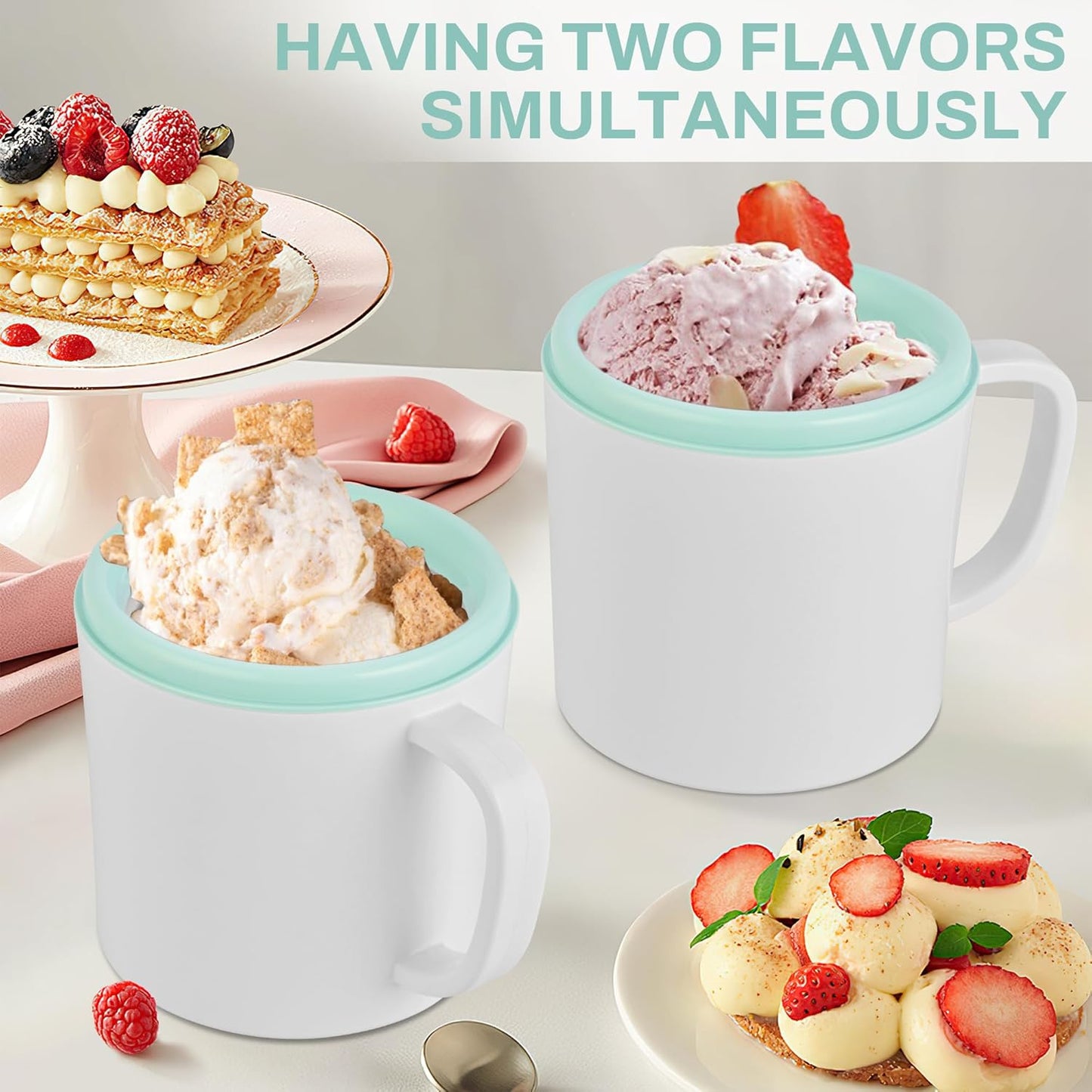 Pukomc Ice Cream Maker Machine for Home Use, with Two Ice Cream Bowls,Simple Operation and Easy to Clean,White Green
