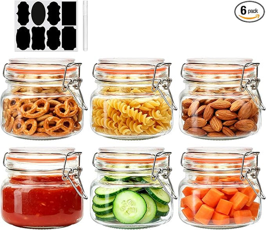 16 oz Glass Jars With Airtight Lids And Leak Proof Rubber Gasket,Wide Mouth Mason Jars With Hinged Lids For Kitchen,Glass Storage Containers 6 Pack