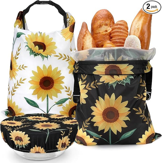 2 Pack Reusable Bread Bags for Homemade Bread, 17"×13" Sourdough Bread Storage Bags with Bowl Cover - Keep Loaf Fresh and Easy to Wash(Sunflowers)