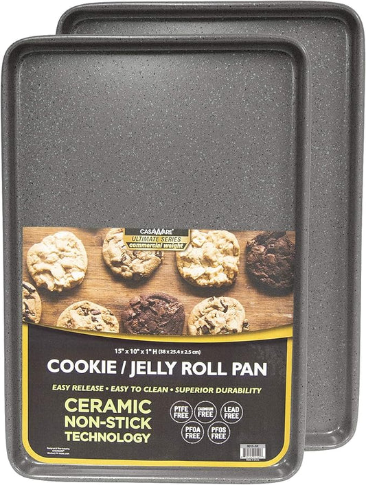 casaWare 2pc Ultimate Commercial Weight 15 x 10 x 1-Inch Cookie Sheet Set (Silver Granite)