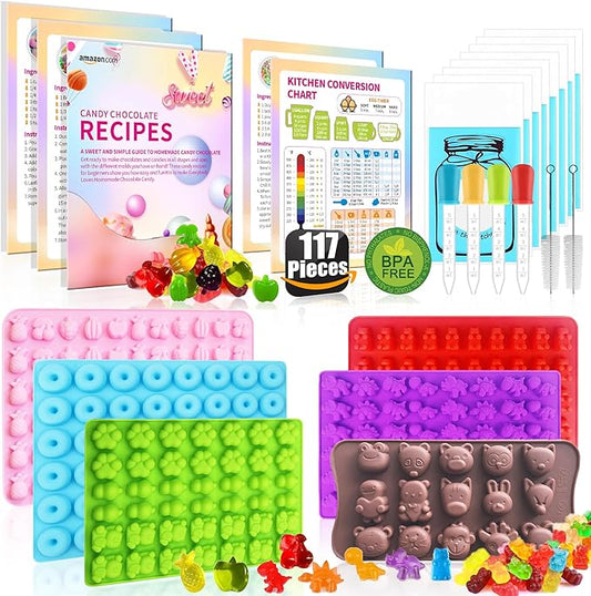 117Pcs Silicone Gummy Bear Molds Kit with 100 Wrappers, 5 Recipe Cards, 4 Droppers & 2 Brushes,Non-Stick Candy Mold for DIY Chocolate, Gummy Bears, Party Favors (Dinosaur, Bear, Fruits, Donut Shapes)