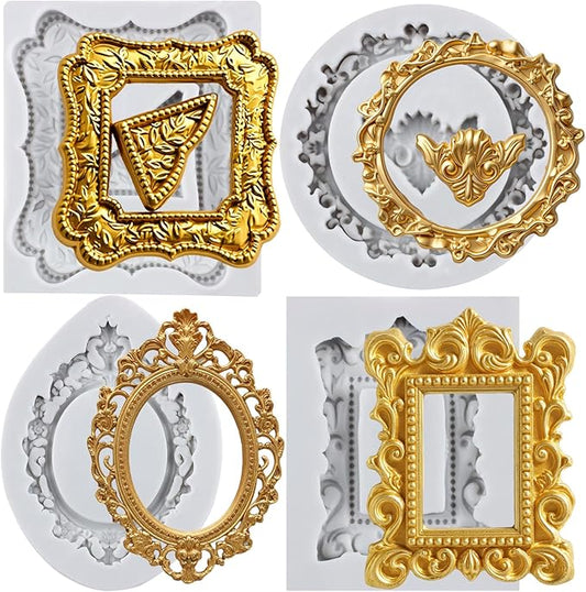 Picture Frames Silicone Mold Photo Frame Fondant Molds Vintage Frame Mold Baroque Frames Chocolate Molds For Sugar craft Cake Decoration Cupcake Topper Candy Polymer Clay Gum Paste Set of 4