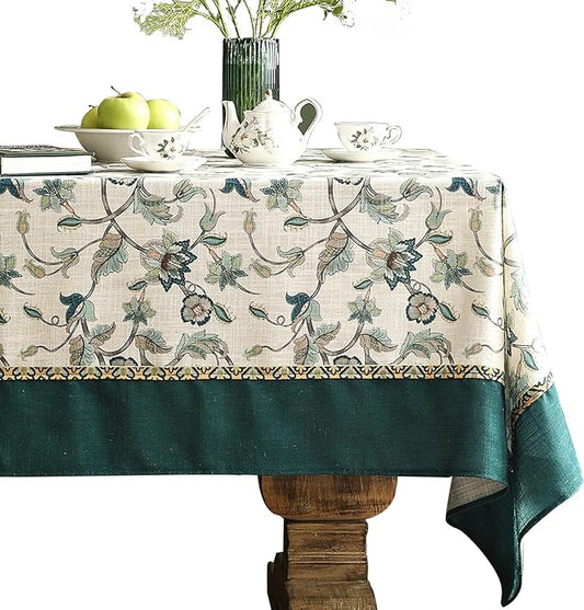 patdrea Designer Green Linen Table Cloth for Rectangle Table,Vintage Floral Pattern Durable Tablecloth,French Cover Decor for Kitchen Dining,Christmas,Thanksgiving,Tea Party,55"x79"-Noah