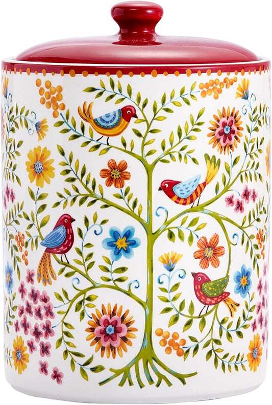 Bico Red Spring Bird Ceramic Air Tight 9 inch Cookie jar, for holding coffee, powder, tea, spices, Microwave and Dishwasher Safe