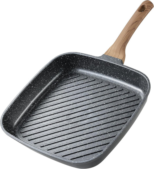 CAROTE 11 Inch Nonstick Grill Pan for Steak - Premium Granite Nonstick Coating, Square Grill Skillet, Indoor Outdoor RV Camping Use, Gas & Induction Safe, All Stovetops Compatible, PFOA Free, Black