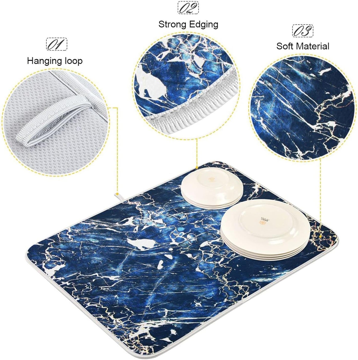 Super Absorbent Dish Drying Mat, Microfiber Fast-Drying Dish Mat, 16" x 18", Kitchen Dish Drying Pad, Marble Black Navy Blue