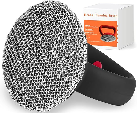 Cast Iron Cleaner Scrubber with Heavy Duty Handle, 3mm Welded Chain Mail Scrubber for Pan Pot Cleaning - Small Ring Chainmail Scrubber Metal Scrub Sponge Skillet, Oven, Griddle, Wok Brush