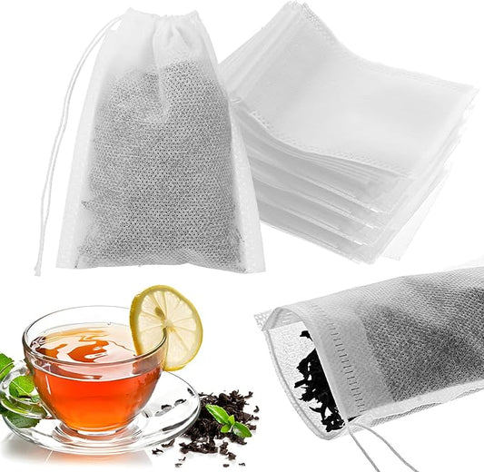 100Pcs Tea Bags for Loose Leaf Teas, Disposable Tea Bags, Disposable Non-Woven Filter Bag with Drawstring for Herbal, Coffee, Spice(3.15x3.94Inch)