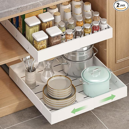 2-Pack-Expandable-Pull-Out-Cabinet-Organizers For Kitchen, Adjustable Slide Out No Drill Adhesive Drawers With Raising Pad For Framed Cabinet, Heavy Duty Sliding Roll Out Shelves Inside Cabinet