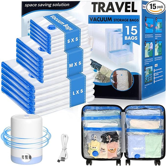 15 Pack Travel Vacuum Storage Bags with USB Electric Pump, Combo Space Saver Vacuum Seal Bags for Clothing Travel Vaccine Sealed Storage Bag for Comforters Blankets Clothes Suitcase, Clear