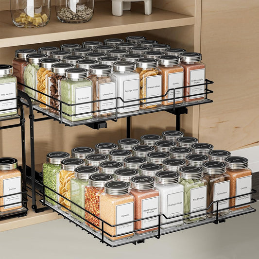 2-Tier Pull Out Spice Rack, Spice Rack Organizer, Pull Out Spice Racks for Inside Cabinets, Height Adjustable Heavy Duty Metal Basket for Inside Cabinet & Pantry (13.5''Wx10.5''Dx9.5''H)