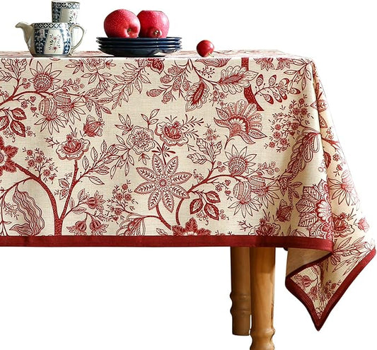 ISAENNE Designer French Linen Long Rectangle Tablecloth,Red Floral Washable Indoor Table Cloth,Durable Home Decor Tablecloths for Dining Thanksgiving Kitchen Party Christmas,63"*94"-Ruyi A