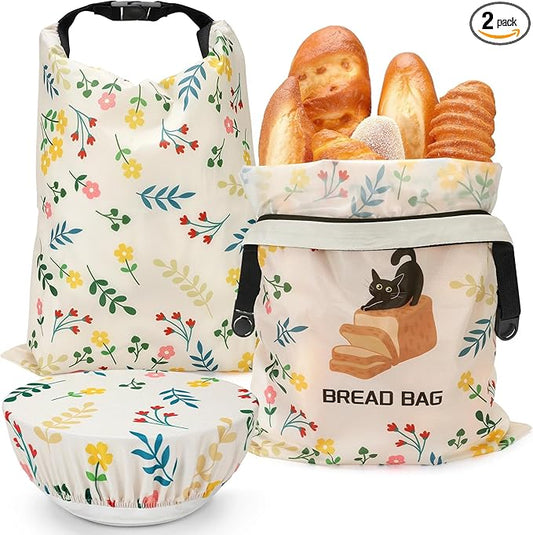 2 Pack Reusable Bread Bags for Homemade Bread, 17"×13" Sourdough Bread Storage Bags with Bowl Cover - Keep Loaf Fresh and Easy to Wash(Black Cat)