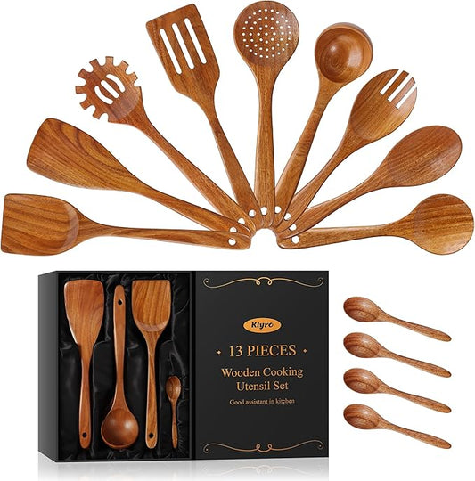 13 Pcs Wooden Cooking Utensil Set with Gift Box – Natural Wooden Spoons for Cooking & Serving, Nonstick Friendly, Perfect Housewarming & Holiday Gift