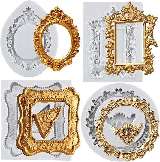 Photo Frame Fondant Mold Picture Frames Silicone Molds Vintage Frame Mold Baroque Frames Chocolate Molds For Sugarcraft Cake Decoration Cupcake Topper Candy Polymer Clay Gum Paste Set of 4