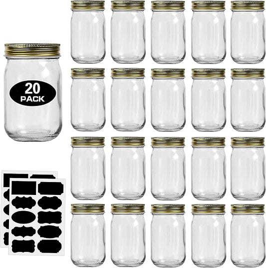 12oz Glass Jars With Lids Regular Mouth 20 Pack -Mason Jars 12 oz For Crafts, Meal Prep, Canning Jars For Food Storage Frascos De Vidrio Con Tapa Para Conservas-with 20 Chalkboard Stickers-Gold Lid