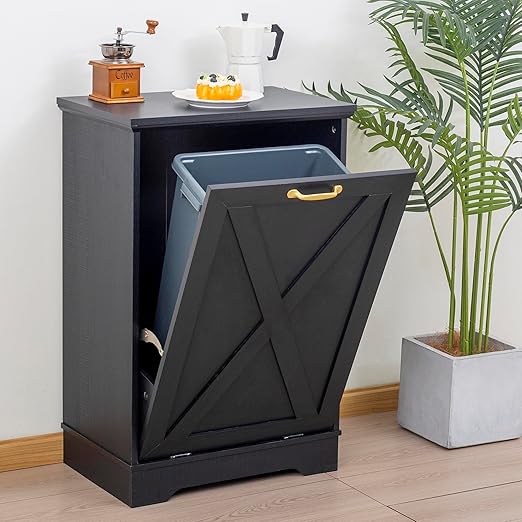 13 Gallons Tilt Out Trash Cabinet, Hidden Trash Can Cabinet Wooden Tilt Out Pet Proof Hidden Trash Bin Cabinet for Kitchen (Black)