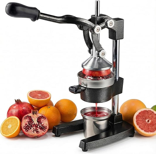 Cast Iron Citrus Juicer - 13.8LB Heavy Duty Manual Orange Press, 304 Stainless Steel Cup & Strainer, Professional Lemon Grapefruit Pomegranate Squeezer for Home Bar Kitchen, Black