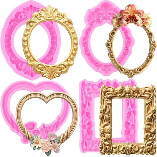 Mujiang Photo Frame Fondant Mold Picture Frame Silicone Mold Vintage Frame Molds for Cake Decorating Cupcake Topper Chocolate Candy Polymer Clay Set Of 4