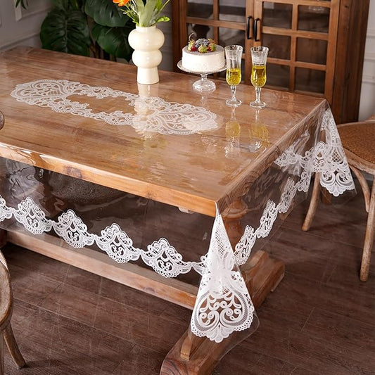 Clear Table Cover Protector Vinyl Table Cloth Rectangle with Lace Pattern Oil Spill Proof Vintage Rustic Plastic Table Covers for Dining Tables (White Lace, 52 x 70 Inches)