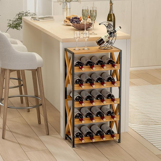 20 Bottle Wine Rack Freestanding Floor with Wood Top,Wobble-Free 5 Tier Wine Display Storage Stand Shelf,Stackable Modular Wine Bottle Holder Rack for Kitchen,Cellar,Living Room