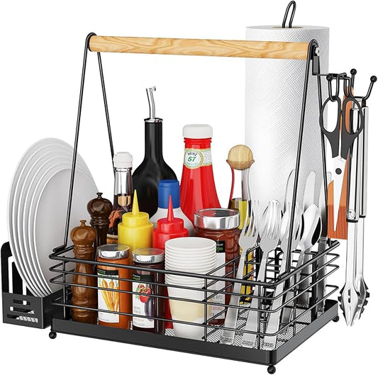 Grill Caddy, BBQ Caddy for Outdoor Grill with Paper Towel Holder, Picnic Condiment Utensil Storage for Outdoor Camping, Tailgating Essentials, RV Essentials, Grilling Accessories,Gifts for Men