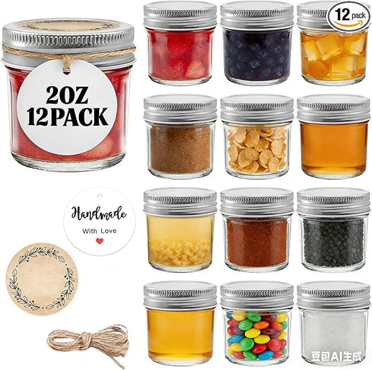 12 Pack 2 oz Small Mason Jars, Mini Glass Jars with Lids for Jam Ginger Shots Honey Spices Wedding Favors, Includes Labels, String & Handmade Tags
