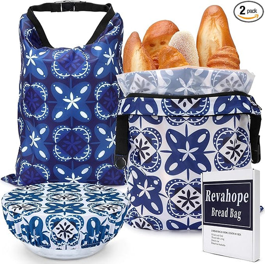 2 Pack Reusable Bread Bags for Homemade Bread, 17"×13" Sourdough Bread Storage Bags with Bowl Cover - Keep Loaf Fresh and Easy to Wash(Blue Gemstone Floral)
