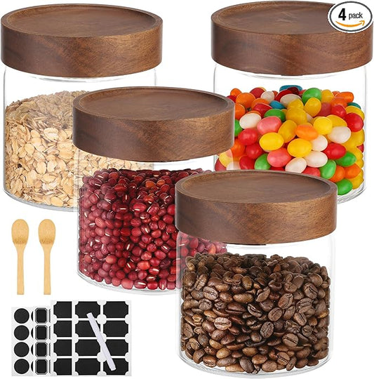19oz Glass Jar with Wood Lid, 4 Pack Coffee Jars with Airtight Screw Lids, Wide Mouth Pantry Storage Canister for Sugar, Tea, Beans, Snacks, Overnight Oats - 3.9 x 3.9 inch Spice Bottle