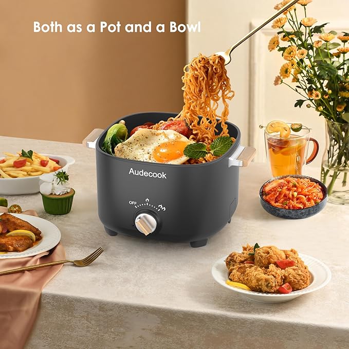 Audecook Hot Pot Electric, 2.5L Portable Nonstick Multicooker for 1-3 Persons, Honeycomb Texture Travel Electric Skillet with Dual Power Temperature Control for Steak/Egg/Noodles/Oatmeal (Black)