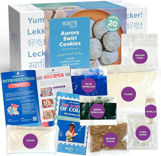 BāKIT Box Aurora Swirl Cookies Baking Kit for Kids, STEM Science of Color Educational Activity Kit, Learn Chromatography, Color Mixing, & More, Includes Organic Food Coloring with Spirulina, Ages 6–13