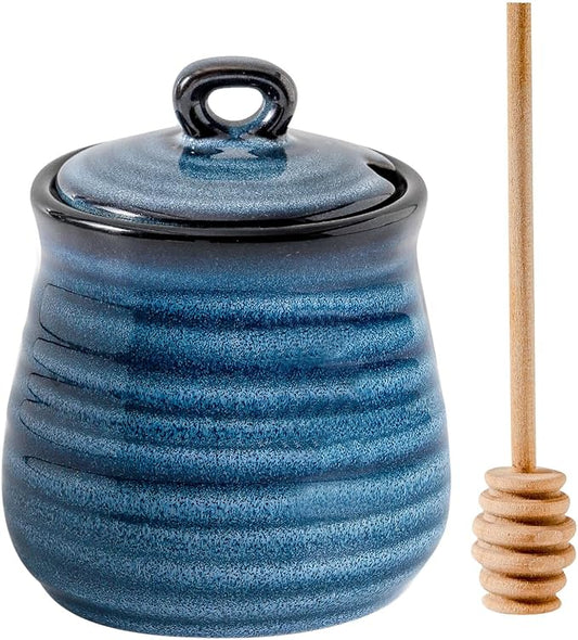 Ceramic Honey Pot with Lid and Honey Dipper, 12 oz Honey Jar and Wooden Dipper, Pottery Honey Container for Home, Cute Honey Dish, Dishwasher Safe, Blue
