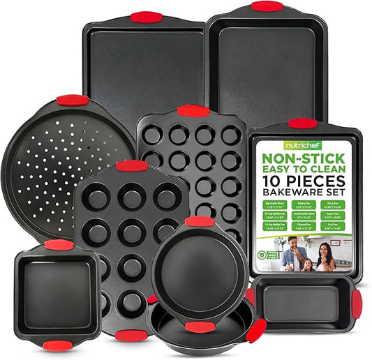 NutriChef 10‑Piece Non‑Stick Bakeware Set – Premium Carbon Steel Baking Pans Set with Silicone Handles – Oven & Dishwasher Safe – Complete Baking Sheet Set for Cookies, Muffins, Loaf, Pizza