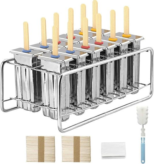 12 Pack Stainless Steel Popsicle Molds, Homemade Ice Lolly Molds with Holder, Reusable Flat Head Fast Freezing Ice Treat Maker with Wooden Sticks and Bags