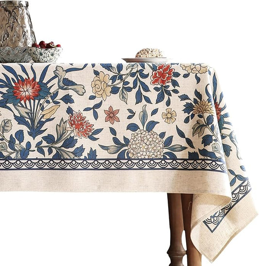 patdrea Designer Blue Tablecloth for Rectangle Table,Vintage Linen Leaves and Floral Pattern Extra Long Tablecloths,Floral Decor Cover for Kitchen Dining Christmas,Thanksgiving,67"x118"-Ivar a