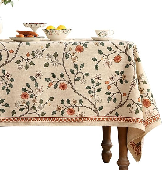 ISAENNE Designer Floral Table Cloth Rectangle,French Linen Light Beige Indoor Tablecloth,Fall Wrinkle Resistant Decor Tablecloths for Dining Thanksgiving Kitchen Party,55"*87"-Flora A