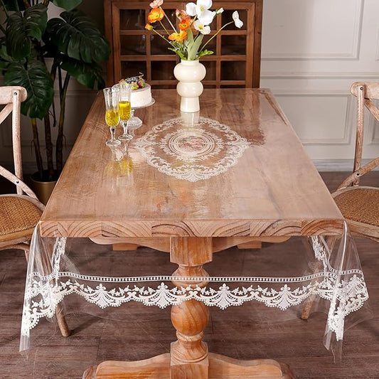 Clear Table Cover Protector Rectangle Vinyl Table Cloth Waterproof Oil Spill Proof Wipe Clean Lace Plastic Tablecloths for Dining Tables (French Lace, 60 x 104 Inches)
