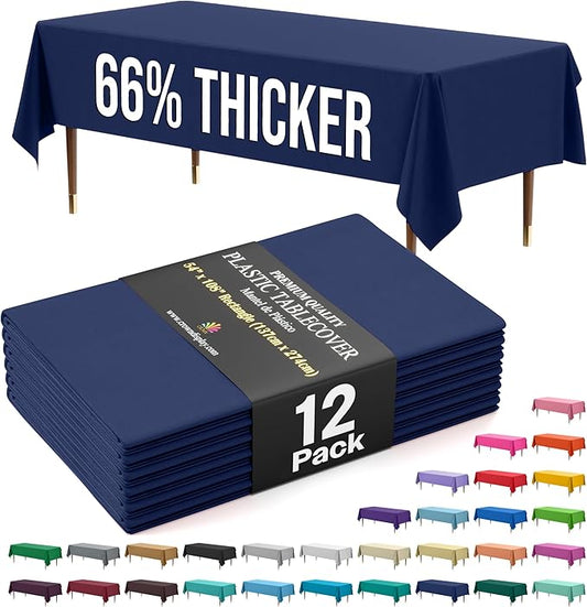 Party Solids 66% Thicker Premium Plastic Table Cloth Rectangle Table Cover 0.5 Mil 12 Pack Navy Blue Table Cloth 54 Inch x 108 Inch Disposable Tablecloth Won't Tear Easily Like Cheap Thin Brands