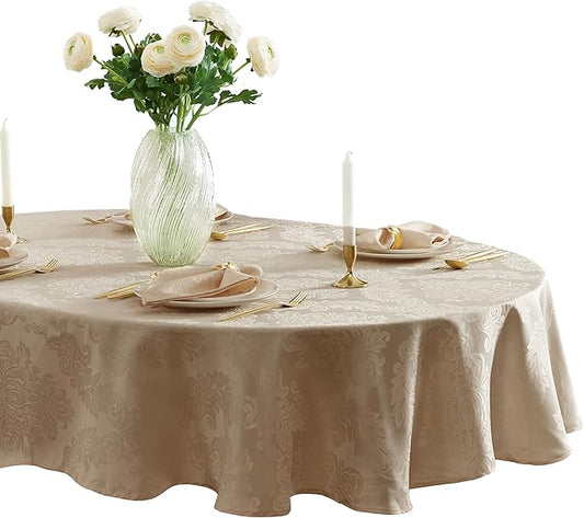 Newbridge Barcelona Luxury Damask Fabric Tablecloth, 60” Wide x 84” Oval, Golden Beige, 100% Polyester, No Iron, Soil Resistant Dining Room, Party and Banquet Table Cover